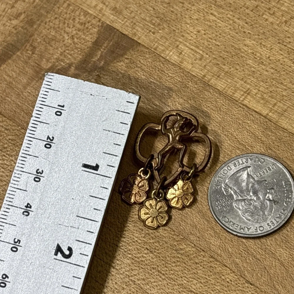 Vintage Girl Scout Brownie Pixie Brooch Pin Dangling Flower Charms Mid Century